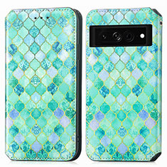 Leather Case Stands Fashionable Pattern Flip Cover Holder S02D for Google Pixel 7 Pro 5G Green