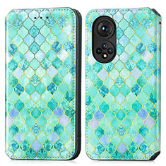 Leather Case Stands Fashionable Pattern Flip Cover Holder S02D for Huawei Honor 50 5G Green