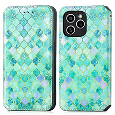 Leather Case Stands Fashionable Pattern Flip Cover Holder S02D for Huawei Honor 60 SE 5G Green