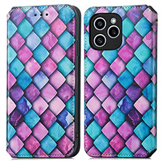 Leather Case Stands Fashionable Pattern Flip Cover Holder S02D for Huawei Honor 60 SE 5G Purple