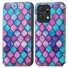 Leather Case Stands Fashionable Pattern Flip Cover Holder S02D for Huawei Honor X7a Purple