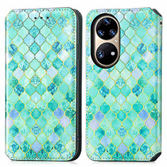 Leather Case Stands Fashionable Pattern Flip Cover Holder S02D for Huawei P50 Green