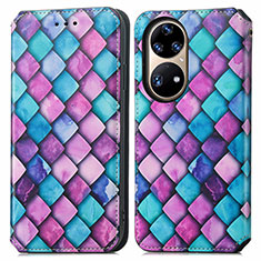 Leather Case Stands Fashionable Pattern Flip Cover Holder S02D for Huawei P50 Pro Purple