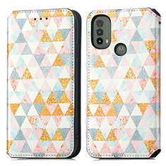 Leather Case Stands Fashionable Pattern Flip Cover Holder S02D for Motorola Moto E30 White