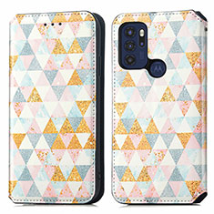 Leather Case Stands Fashionable Pattern Flip Cover Holder S02D for Motorola Moto G60s White