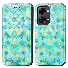 Leather Case Stands Fashionable Pattern Flip Cover Holder S02D for OnePlus Nord 2T 5G Green