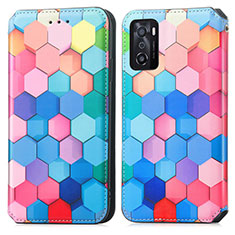 Leather Case Stands Fashionable Pattern Flip Cover Holder S02D for Oppo A55S 5G Colorful