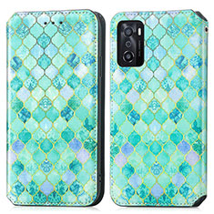 Leather Case Stands Fashionable Pattern Flip Cover Holder S02D for Oppo A55S 5G Green