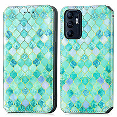 Leather Case Stands Fashionable Pattern Flip Cover Holder S02D for Oppo Reno6 5G Green