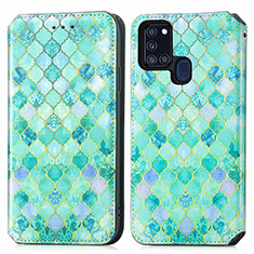 Leather Case Stands Fashionable Pattern Flip Cover Holder S02D for Samsung Galaxy A21s Green