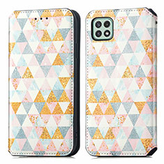 Leather Case Stands Fashionable Pattern Flip Cover Holder S02D for Samsung Galaxy F42 5G White