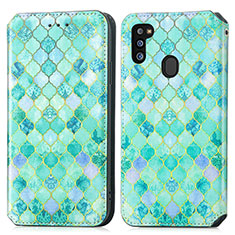 Leather Case Stands Fashionable Pattern Flip Cover Holder S02D for Samsung Galaxy M21 Green