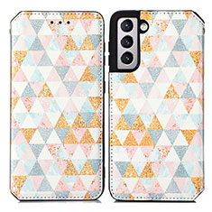 Leather Case Stands Fashionable Pattern Flip Cover Holder S02D for Samsung Galaxy S21 FE 5G White