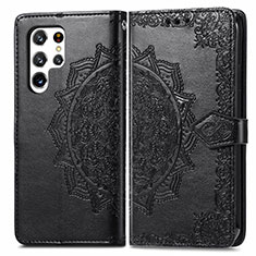 Leather Case Stands Fashionable Pattern Flip Cover Holder S02D for Samsung Galaxy S22 Ultra 5G Black