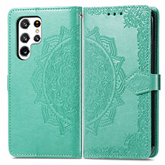 Leather Case Stands Fashionable Pattern Flip Cover Holder S02D for Samsung Galaxy S22 Ultra 5G Green