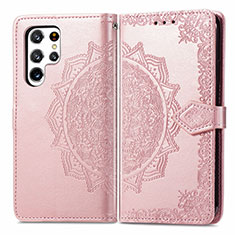 Leather Case Stands Fashionable Pattern Flip Cover Holder S02D for Samsung Galaxy S22 Ultra 5G Rose Gold