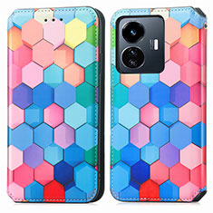 Leather Case Stands Fashionable Pattern Flip Cover Holder S02D for Vivo iQOO Z6 Lite 5G Colorful