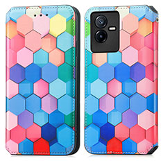 Leather Case Stands Fashionable Pattern Flip Cover Holder S02D for Vivo iQOO Z6x Colorful