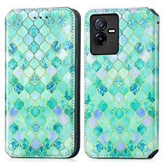 Leather Case Stands Fashionable Pattern Flip Cover Holder S02D for Vivo T2x 5G Green