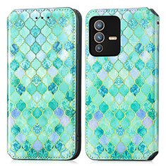 Leather Case Stands Fashionable Pattern Flip Cover Holder S02D for Vivo V23 Pro 5G Green