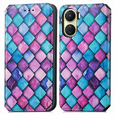 Leather Case Stands Fashionable Pattern Flip Cover Holder S02D for Vivo Y16 Purple