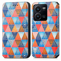 Leather Case Stands Fashionable Pattern Flip Cover Holder S02D for Vivo Y35 4G Brown