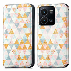 Leather Case Stands Fashionable Pattern Flip Cover Holder S02D for Vivo Y35 4G White