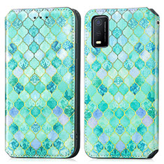 Leather Case Stands Fashionable Pattern Flip Cover Holder S02D for Vivo Y3s (2021) Green