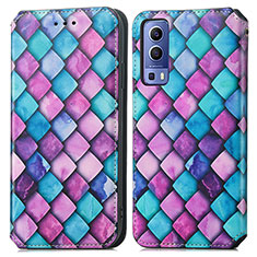 Leather Case Stands Fashionable Pattern Flip Cover Holder S02D for Vivo Y72 5G Purple