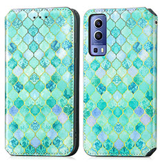 Leather Case Stands Fashionable Pattern Flip Cover Holder S02D for Vivo Y75s 5G Green