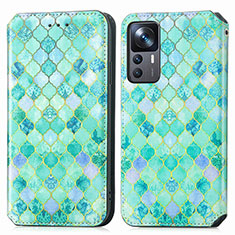 Leather Case Stands Fashionable Pattern Flip Cover Holder S02D for Xiaomi Mi 12T 5G Green