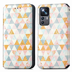 Leather Case Stands Fashionable Pattern Flip Cover Holder S02D for Xiaomi Mi 12T 5G White