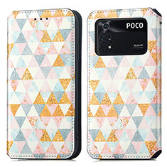 Leather Case Stands Fashionable Pattern Flip Cover Holder S02D for Xiaomi Poco M4 Pro 4G White