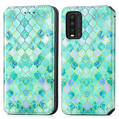 Leather Case Stands Fashionable Pattern Flip Cover Holder S02D for Xiaomi Redmi 9T 4G Green