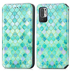 Leather Case Stands Fashionable Pattern Flip Cover Holder S02D for Xiaomi Redmi Note 10T 5G Green