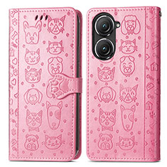 Leather Case Stands Fashionable Pattern Flip Cover Holder S03D for Asus Zenfone 9 Pink