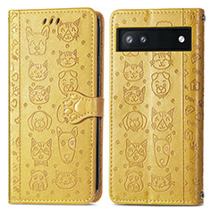 Leather Case Stands Fashionable Pattern Flip Cover Holder S03D for Google Pixel 6a 5G Yellow