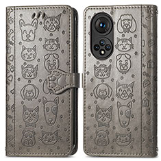 Leather Case Stands Fashionable Pattern Flip Cover Holder S03D for Huawei Honor 50 5G Gray