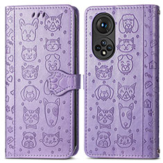 Leather Case Stands Fashionable Pattern Flip Cover Holder S03D for Huawei Honor 50 5G Purple