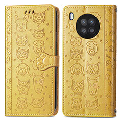 Leather Case Stands Fashionable Pattern Flip Cover Holder S03D for Huawei Honor 50 Lite Yellow