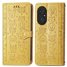 Leather Case Stands Fashionable Pattern Flip Cover Holder S03D for Huawei Honor 50 SE 5G Yellow