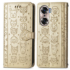 Leather Case Stands Fashionable Pattern Flip Cover Holder S03D for Huawei Honor 60 5G Gold