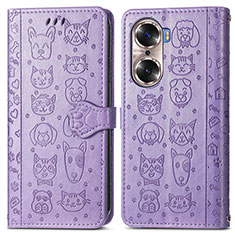 Leather Case Stands Fashionable Pattern Flip Cover Holder S03D for Huawei Honor 60 5G Purple