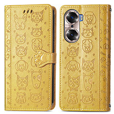 Leather Case Stands Fashionable Pattern Flip Cover Holder S03D for Huawei Honor 60 5G Yellow