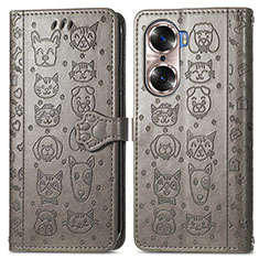 Leather Case Stands Fashionable Pattern Flip Cover Holder S03D for Huawei Honor 60 Pro 5G Gray