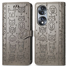 Leather Case Stands Fashionable Pattern Flip Cover Holder S03D for Huawei Honor 70 5G Gray