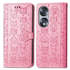 Leather Case Stands Fashionable Pattern Flip Cover Holder S03D for Huawei Honor 70 5G Pink