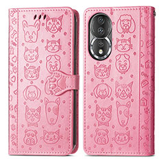 Leather Case Stands Fashionable Pattern Flip Cover Holder S03D for Huawei Honor 80 5G Pink