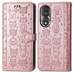 Leather Case Stands Fashionable Pattern Flip Cover Holder S03D for Huawei Honor 80 5G Rose Gold