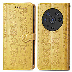 Leather Case Stands Fashionable Pattern Flip Cover Holder S03D for Huawei Honor Magic3 Pro 5G Yellow